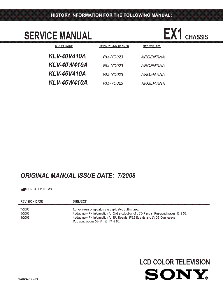SONY KLV-40-46V410A KLV-40-46W410A CHASSIS EX1 SM service manual