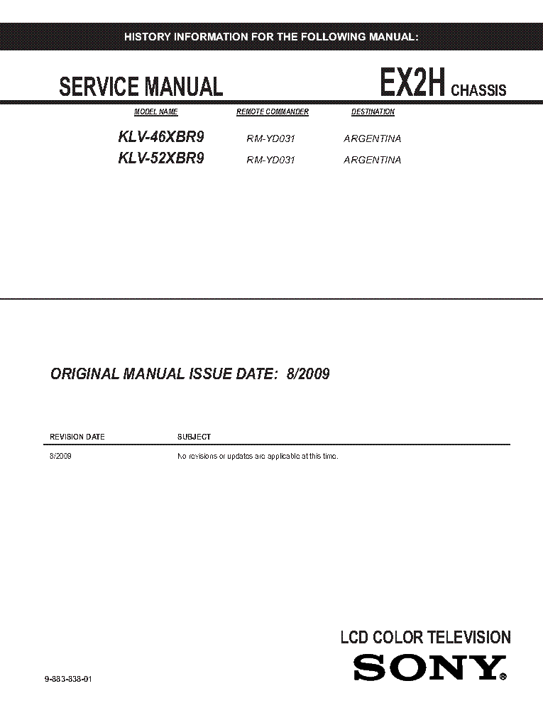 SONY KLV-46XBR9 52XBR9 CHASSIS EX2H REV.1 ARGENTINA SM service manual