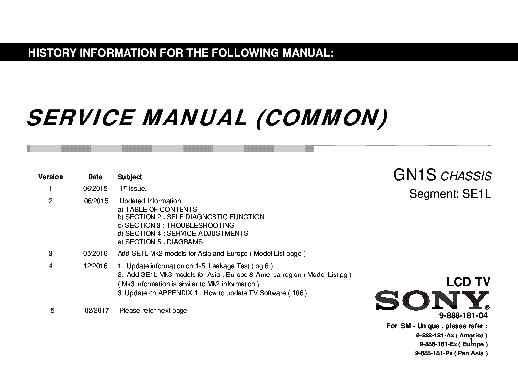 SONY KLV-KDL-32-40R3XC 32-40R3XD 32-40R3XE CHASSIS GN1S VER.5 SEGM.SE1L SM service manual (1st page)