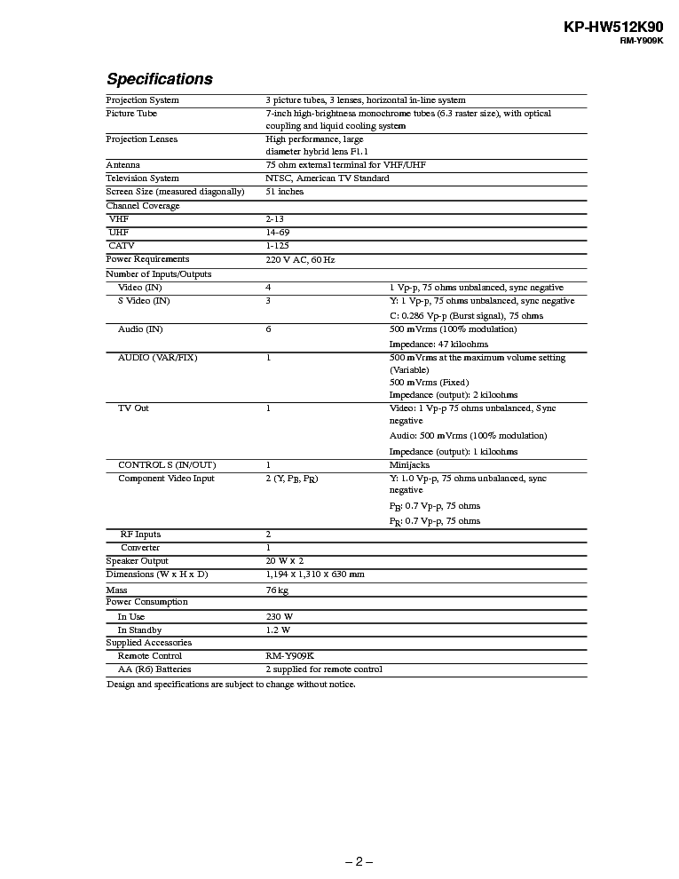 SONY KP-HW512K90 CH RA-6 SM service manual (2nd page)