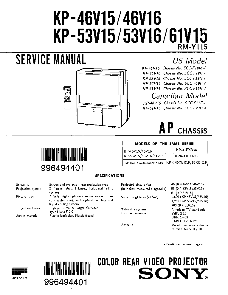 SONY KP46 KP53V15 KPR53BR15 service manual (1st page)