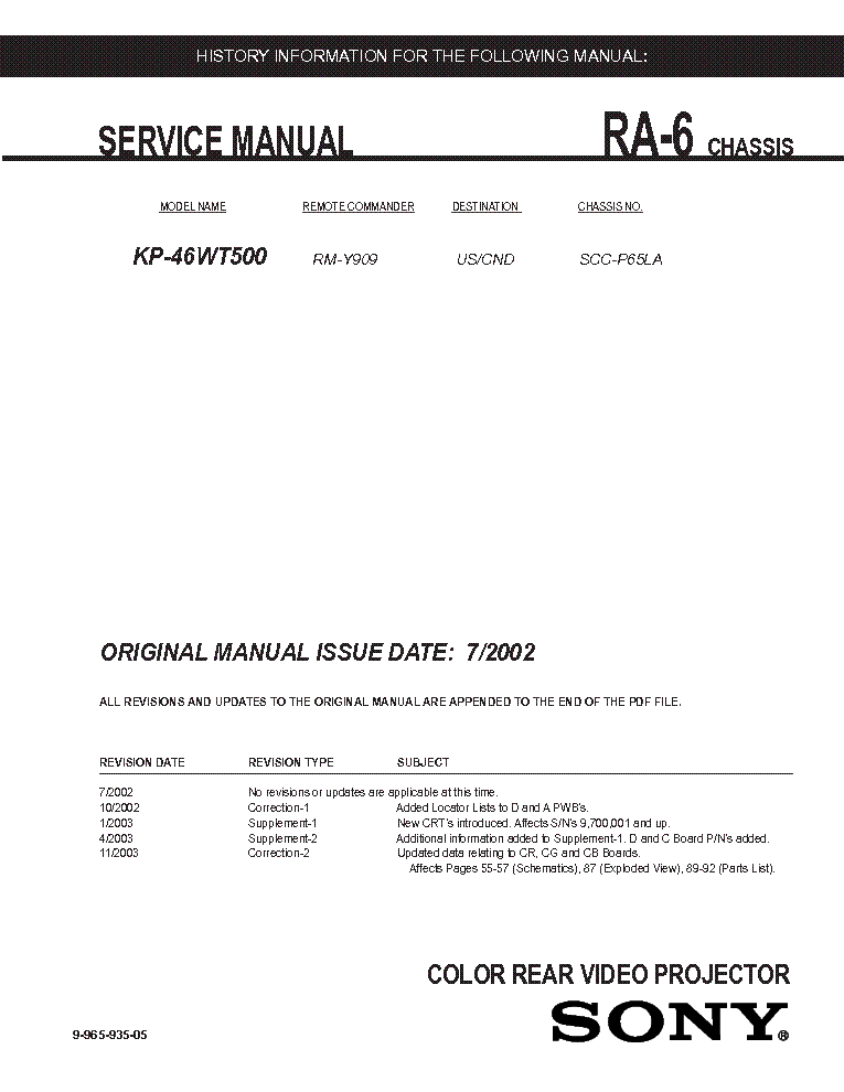 SONY KP46WT500 service manual (1st page)