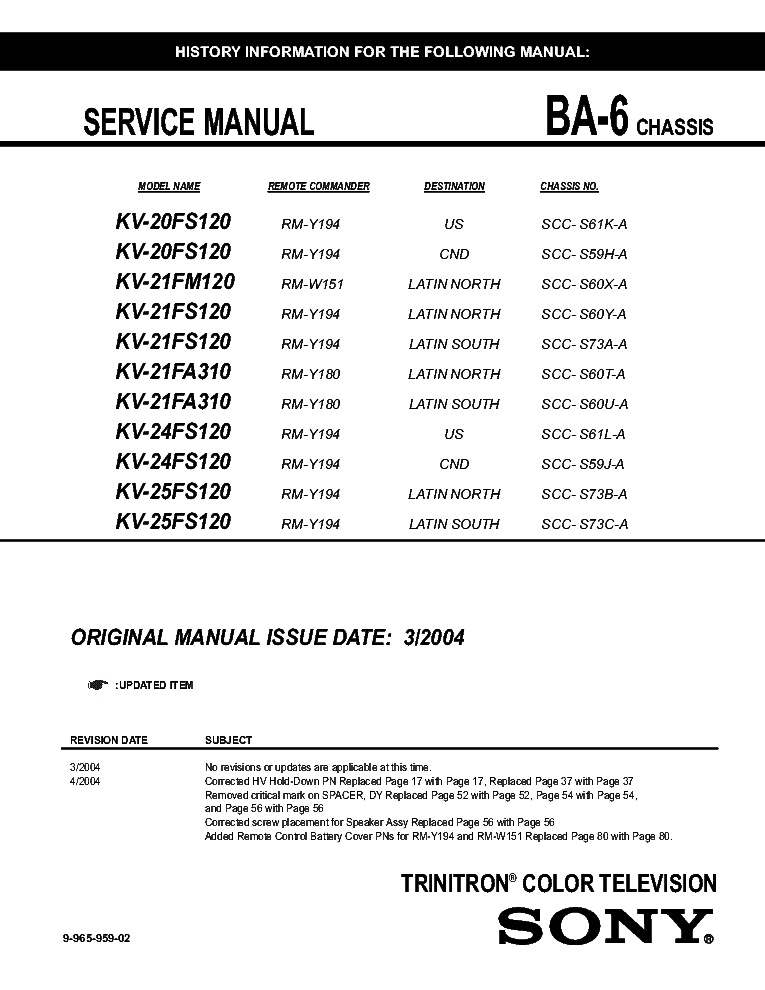 SONY KV-20FS120 KV-21FM120 KV-21FS120 KV-21FA310 KV-24FS120 KV-25FS120 CHASSIS BA-6 SM service manual (1st page)
