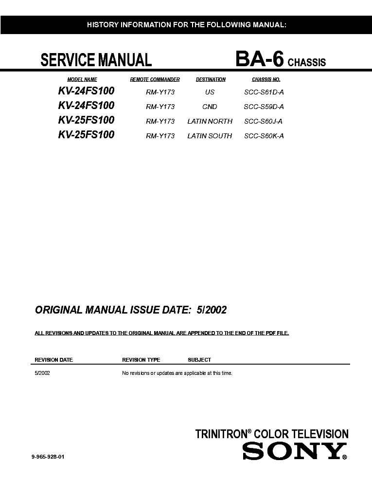 SONY KV-25FS100 KV-24FS100 CHASSIS BA-6 service manual (1st page)