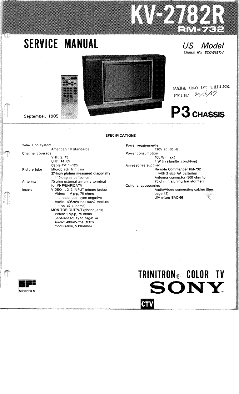 SONY KV-2782R P3 service manual (1st page)