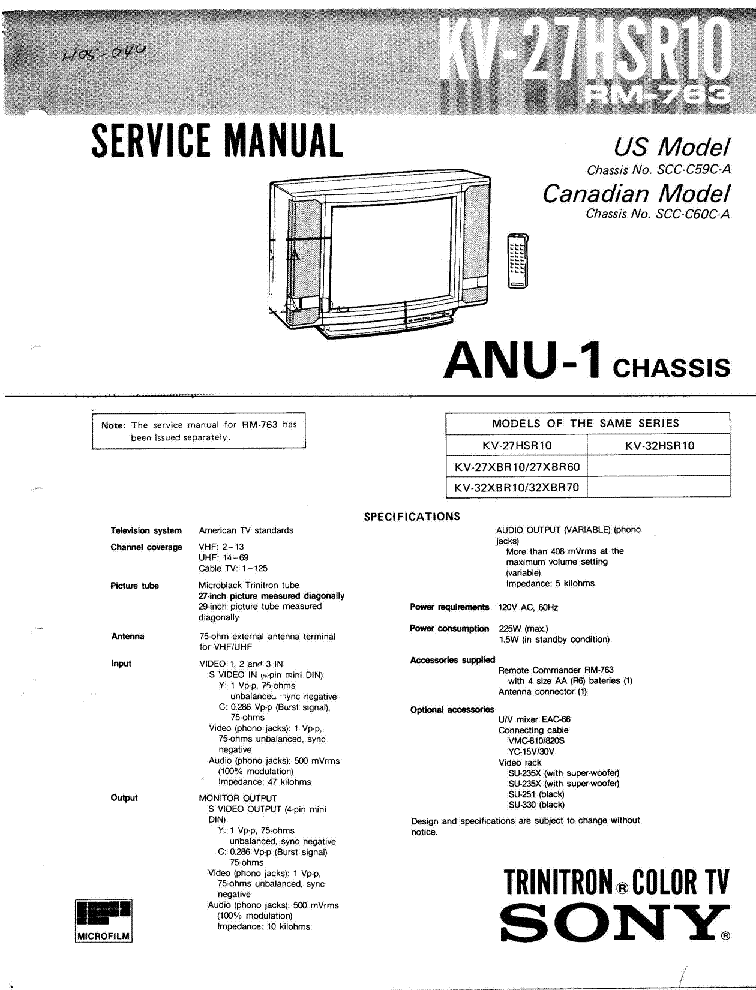 SONY KV-27HSR10 CHASSIS ANU-1 SM service manual (1st page)