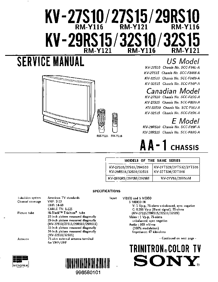 SONY KV-27S10 27S15 29RS10 29RS15 32S10 32S15 CHASSIS AA-1 SM service manual (1st page)