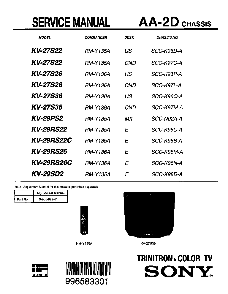 SONY KV-27S22 KV-27S26 KV-27S36 KV-29PS2 KV-29RS26 KV-29SD2 CHASSIS AA-2D SM service manual (1st page)