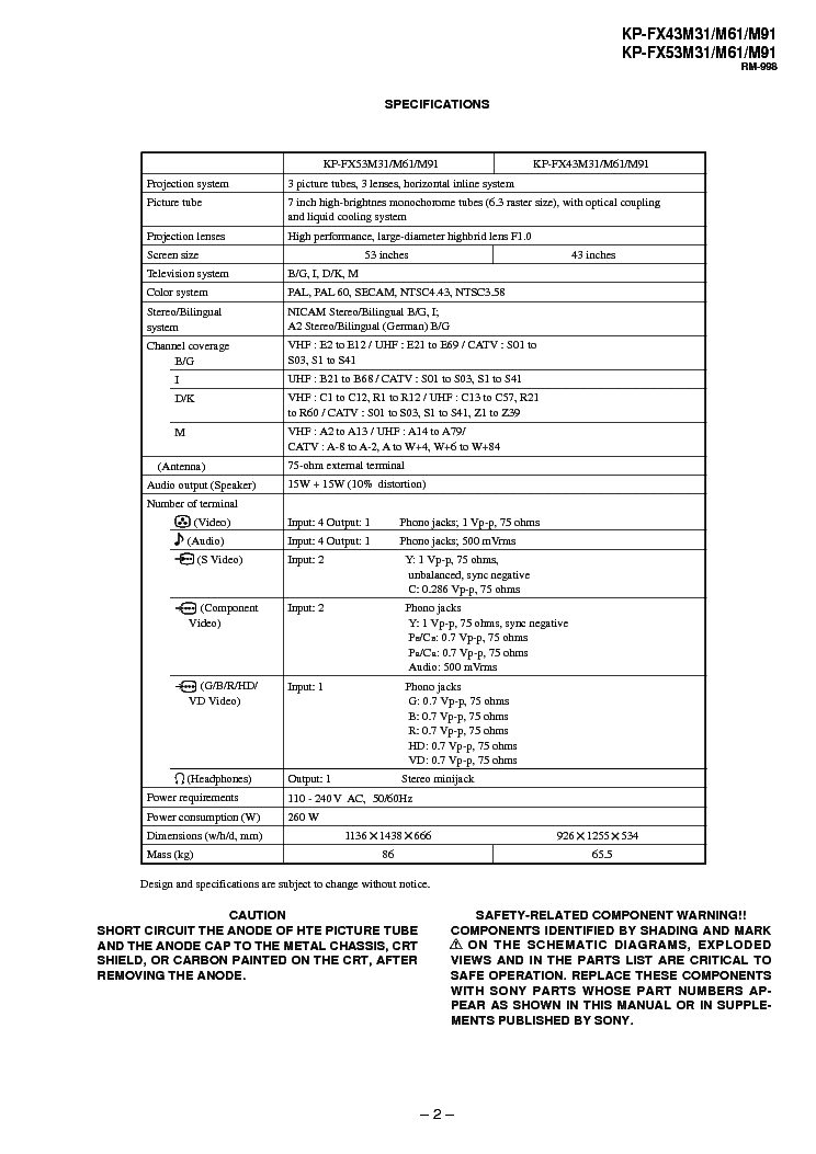 SONY KV-FX43-53M31 M61 M91 CH AG-3X SM service manual (2nd page)