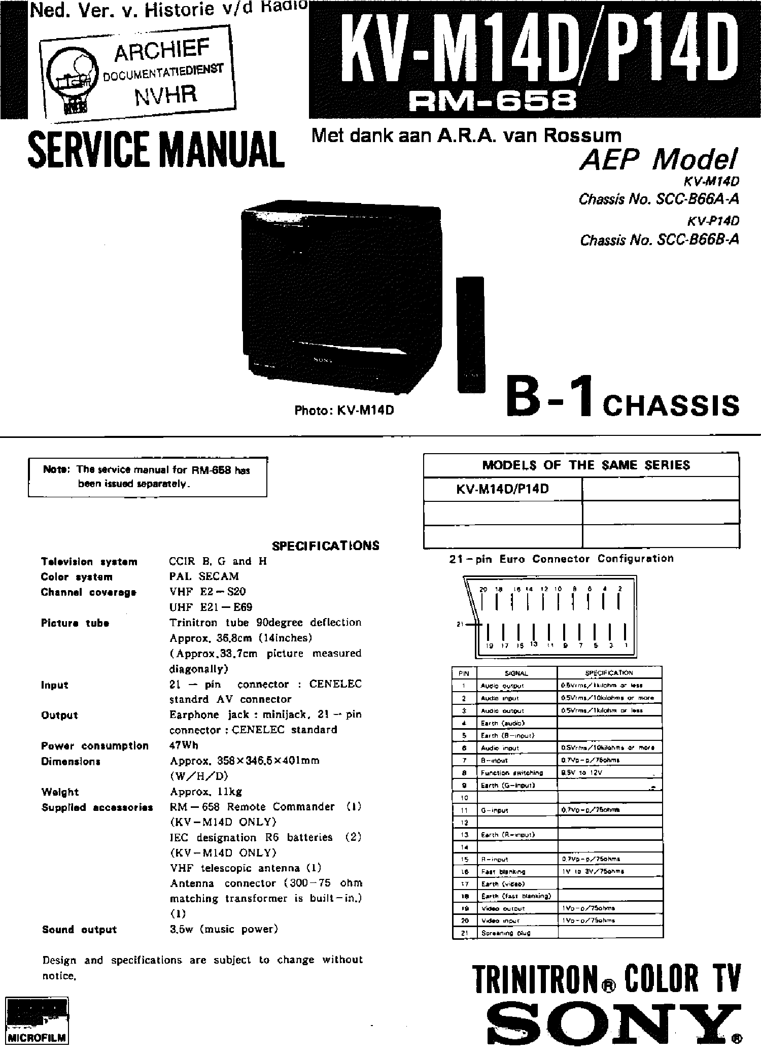 SONY KV-M14D-P14D RM-659 B-1 CHASSIS TRINITRON COLOR TV 1988 SM service manual (1st page)