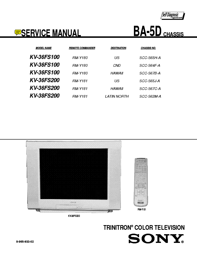 SONY KV27FS100 KV36FS100 CHASSIS BA5D service manual (1st page)