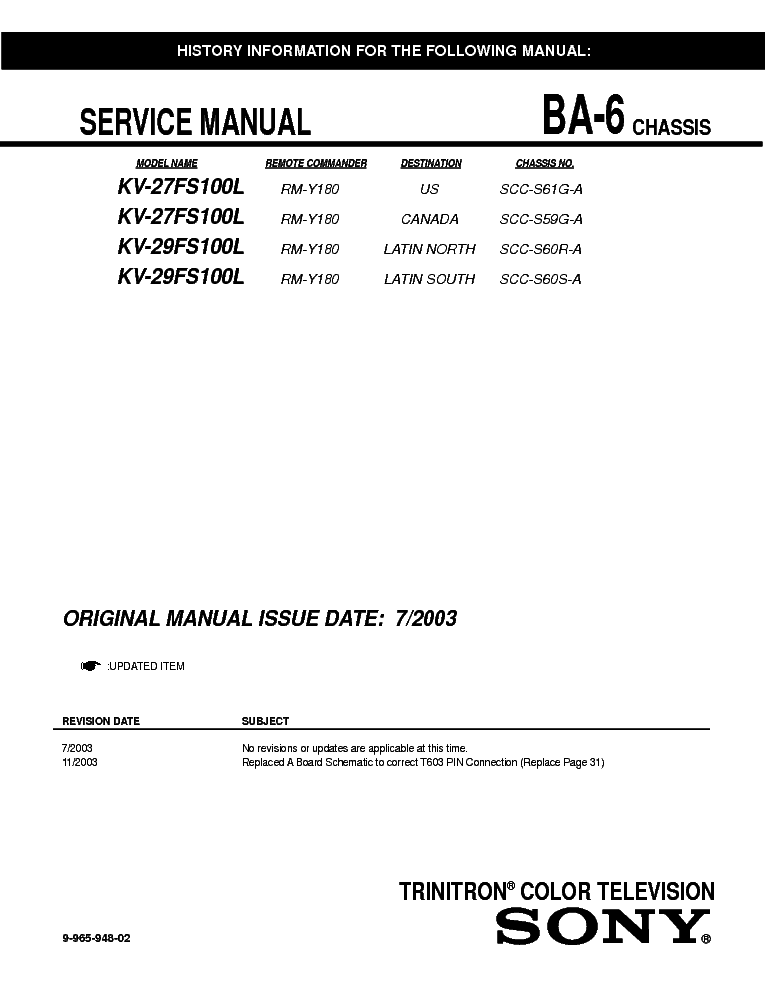 SONY KV27FS100L CHASSIS BA 6 service manual (1st page)