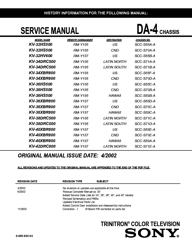 SONY KV32HS500 32HV600 34-38-42DRC500 34-36-40XBR800 36HS500 CH DA4 SM service manual (1st page)