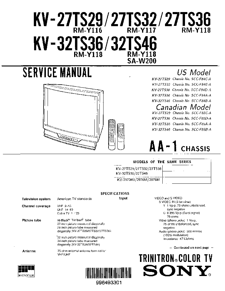 SONY KV 27TS29 27TS32 KV27TS36 CHASSIS AA-1 service manual (1st page)