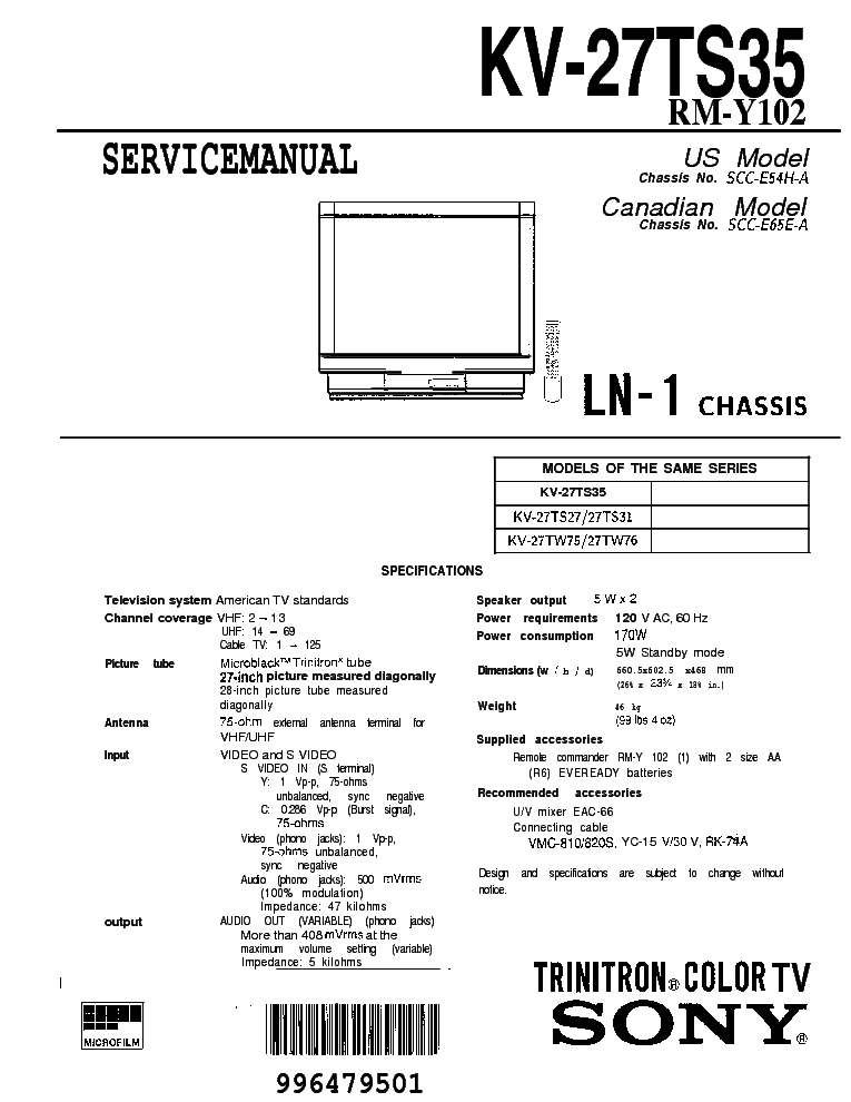 SONY KV-27TS35 RM-Y102 SM service manual (1st page)