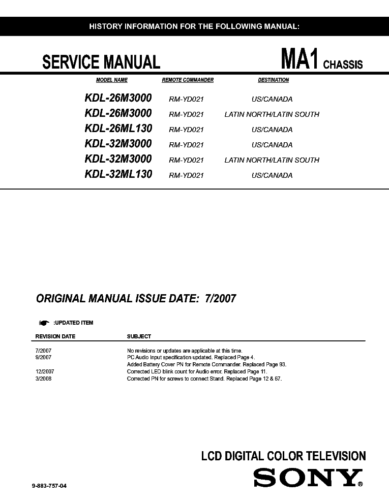 SONY KDL-26-32M3000 KDL-26-32ML130 CH MA1 SM service manual (1st page)