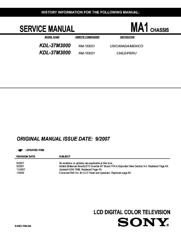 SONY KDL-37M3000 CH MA1 service manual (1st page)