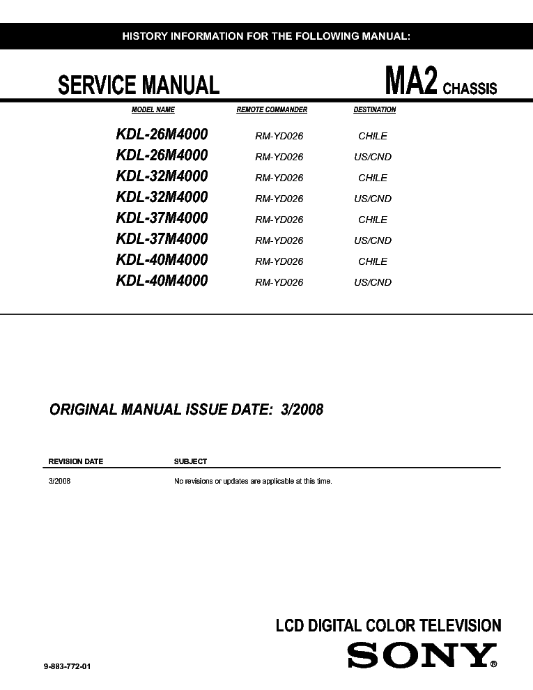 SONY KDL-26-32-37-40M4000 CH MA2 SM service manual (1st page)