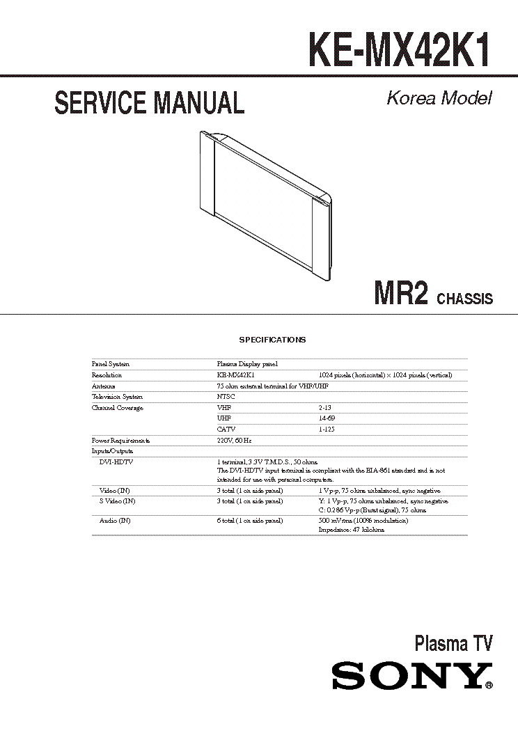 SONY MR2 CHASSIS KEMX42K1 PLASMA TV SM service manual (1st page)