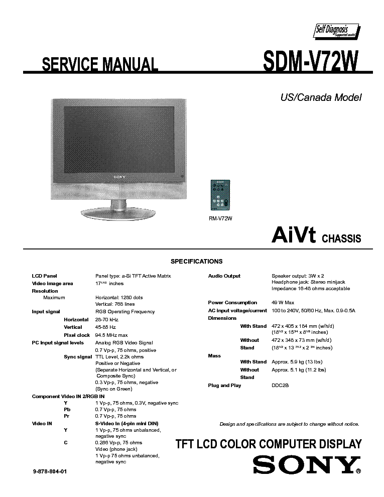 SONY SDM-V72W CHASSIS AIVT SM service manual (1st page)