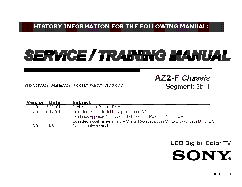 SONY XBR-46HX929 55HX920 55HX929 CHASSIS AZ2-F VER.3.0 SEGM.2B-1 STM service manual (1st page)