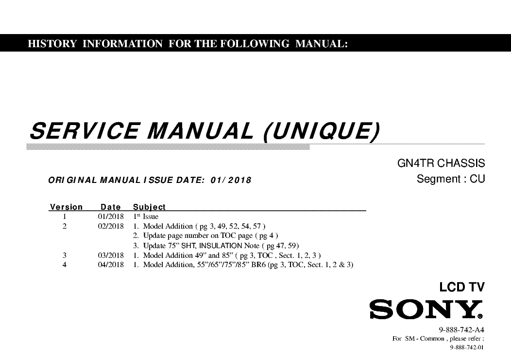 SONY XBR-49X900F XBR-55X900F XBR-65X900F XBR-75X900F XBR-85X900F XBR-55X905F XBR-65X905F XBR-75X905F XBR-85X905F XBR-55X907F XBR-65X907F CHASSIS GN4TR CU SERVICE MANUAL service manual (1st page)
