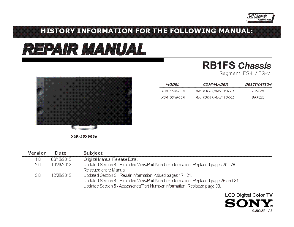 SONY XBR-55X905A 65X905A CHASSIS RB1FS VER.3.0 SEGM.FS-L FS-M RM service manual (1st page)