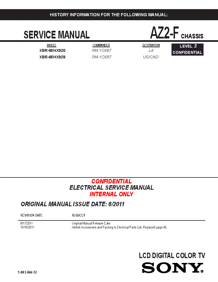 SONY XBR-65HX920 65HX929 CHASSIS AZ2-F REV.2 SM service manual (1st page)