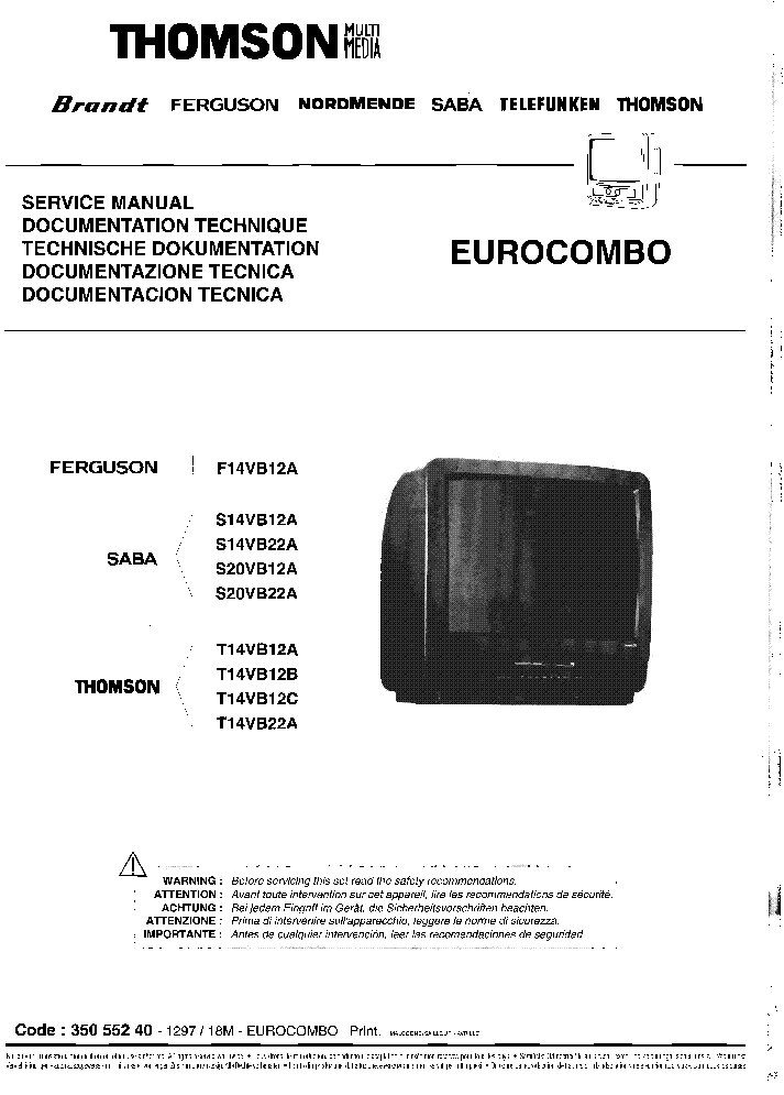 THOMSON CHASSIS EUROCOMBO F14VB12A S14VB12A S14VB22A S20VB12A S20VB22A T14VB12A T14VB12B T14VB12C T14VB22A service manual