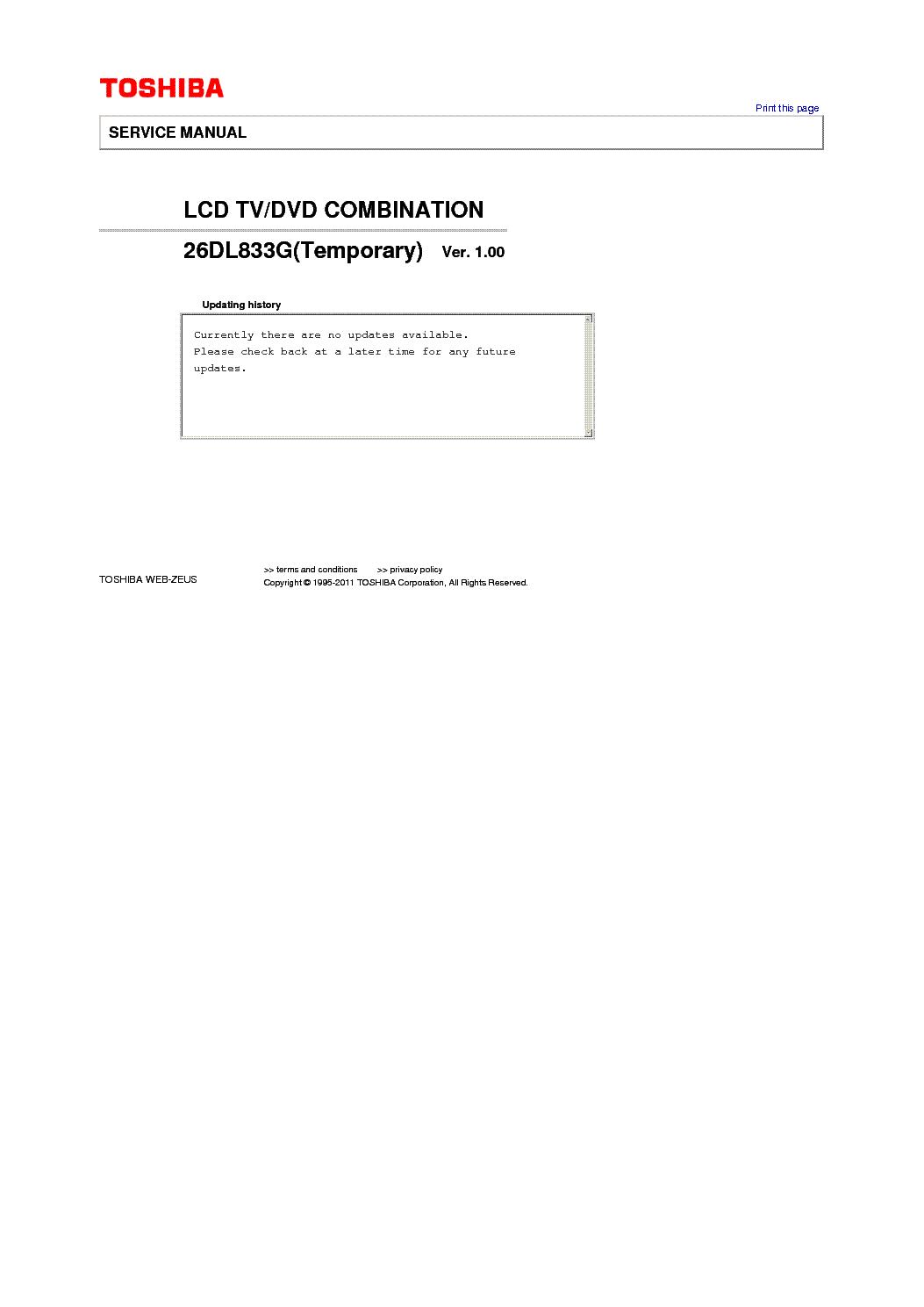 TOSHIBA 26DL833G TEMPORARY VER.1.0 service manual
