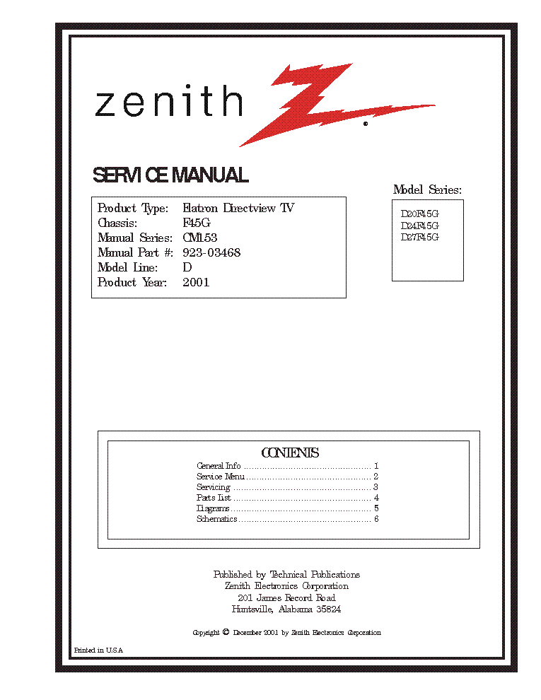 ZENITH D20F45G D24F45G D27F45G CHASSIS F45G service manual