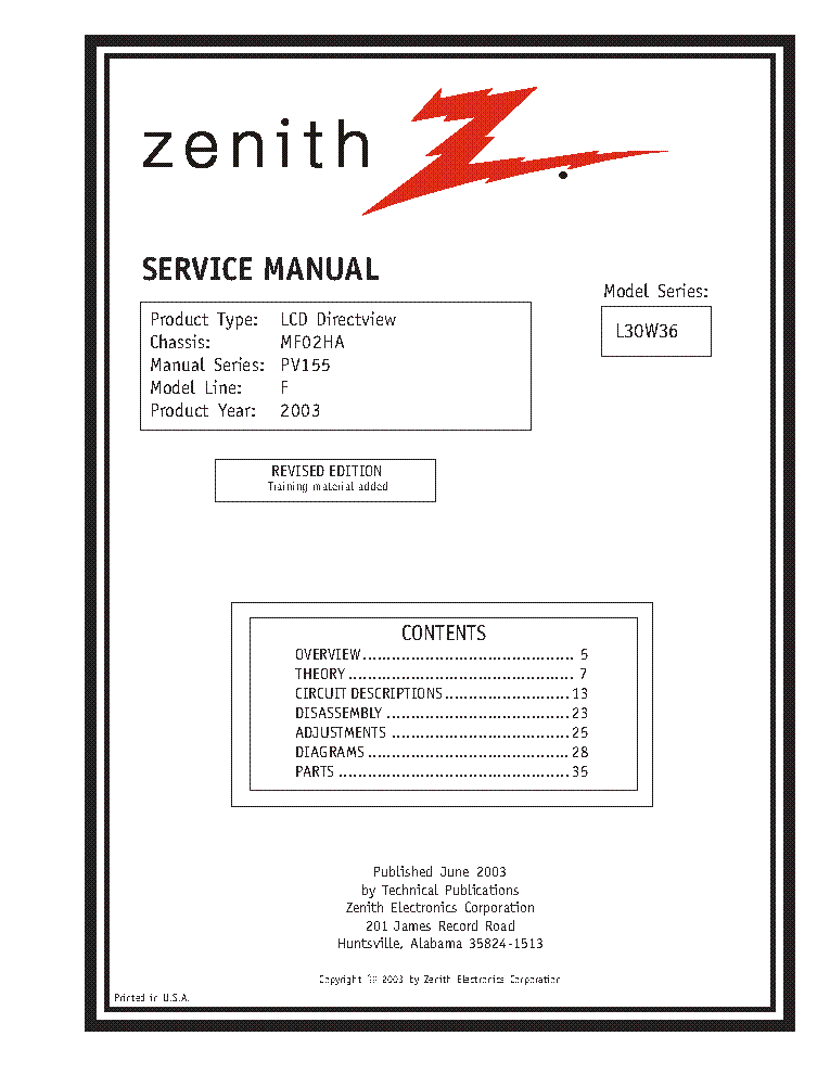 ZENITH L30W36 CHASSIS MF02HA SM Service Manual download, schematics