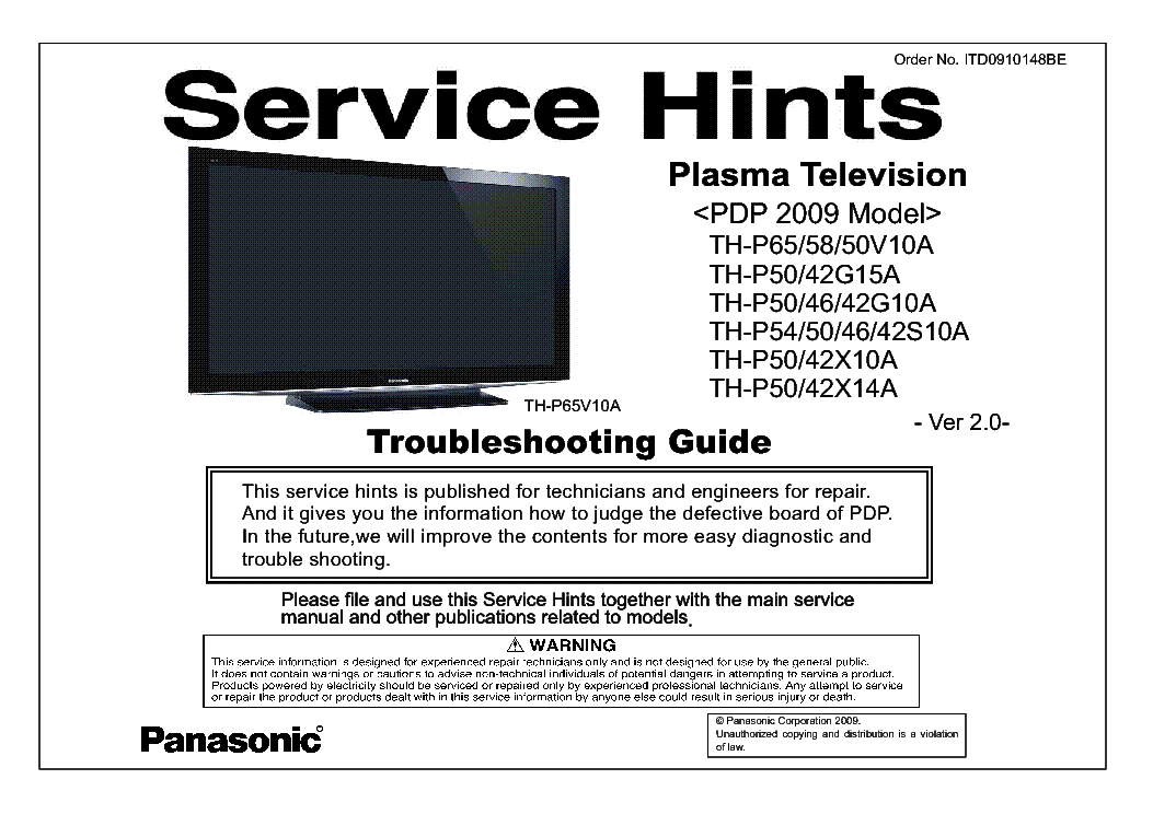 PANASONIC ITD0910148BE PDP-2009 MODELS TH-P46S10A VER.2.0 TROUBLESHOOTING service manual (1st page)
