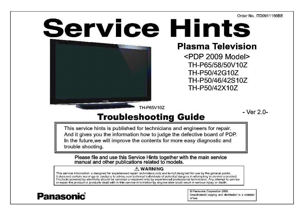 PANASONIC ITD0911156BE PDP-2009 TH-P65V10Z VER.2.0 TROUBLESHOOTING service manual (1st page)