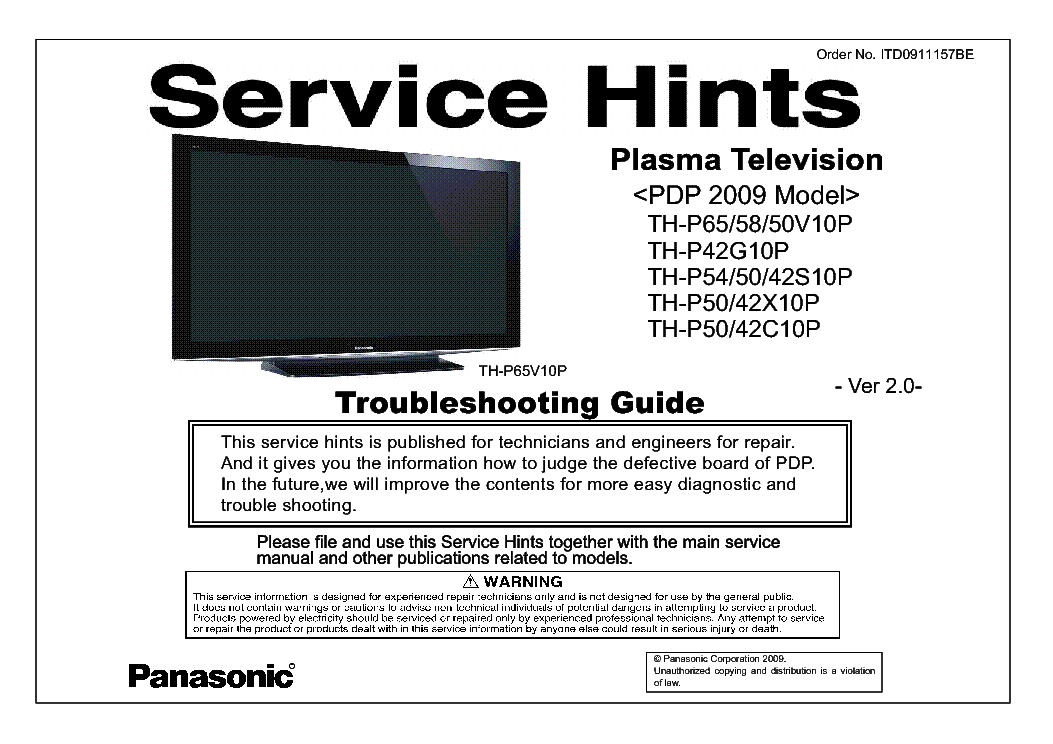 PANASONIC ITD0911157BE PDP-2009 MODELS TH-P42C10P VER.2.0 TROUBLESHOOTING service manual (1st page)
