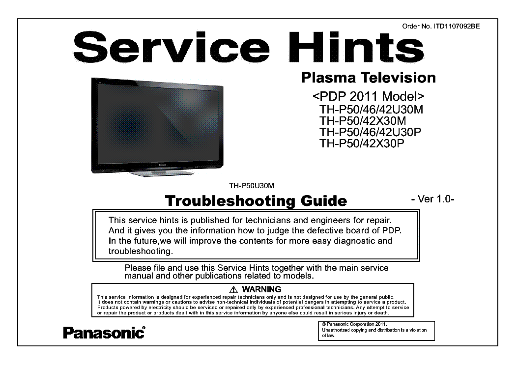 PANASONIC ITD1107092BE PDP-2011 TH-P50X30M VER.1.0 TROUBLESHOOTING service manual (1st page)