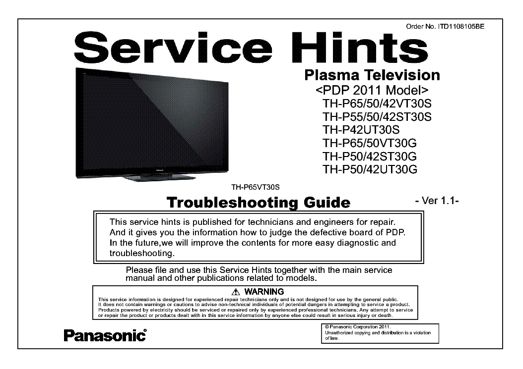 PANASONIC ITD1108105BE PDP-2011 TH-P42ST30S TH-P55ST30S VER.1.1 TROUBLESHOOTING service manual (1st page)