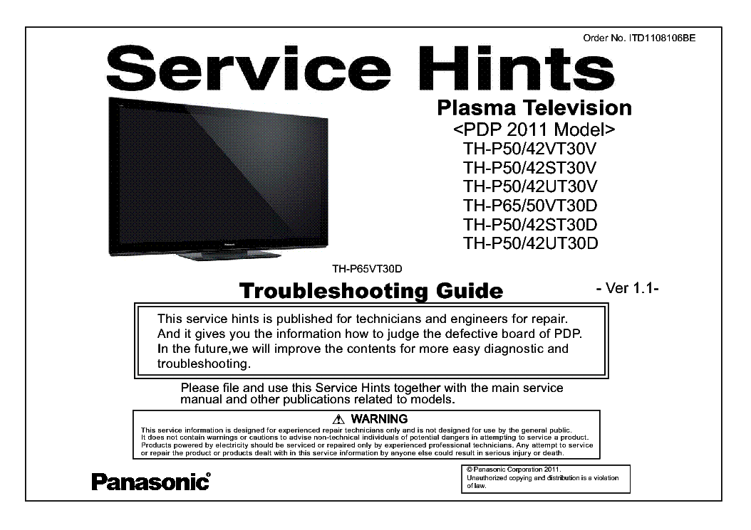 PANASONIC ITD1108106BE PDP-2011 TH-P42ST30D VER.1.1 TROUBLESHOOTING service manual (1st page)