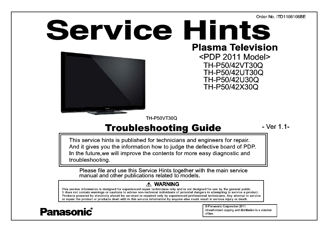 PANASONIC ITD1108108BE PDP-2011 TH-P50X30Q VER.1.1 TROUBLESHOOTING service manual (1st page)