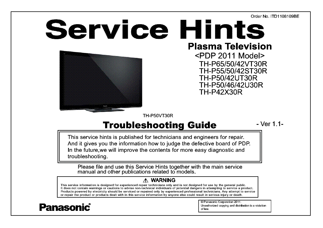 PANASONIC ITD1108109BE PDP-2011 TH-P65VT30R VER.1.1 TROUBLESHOOTING service manual (1st page)
