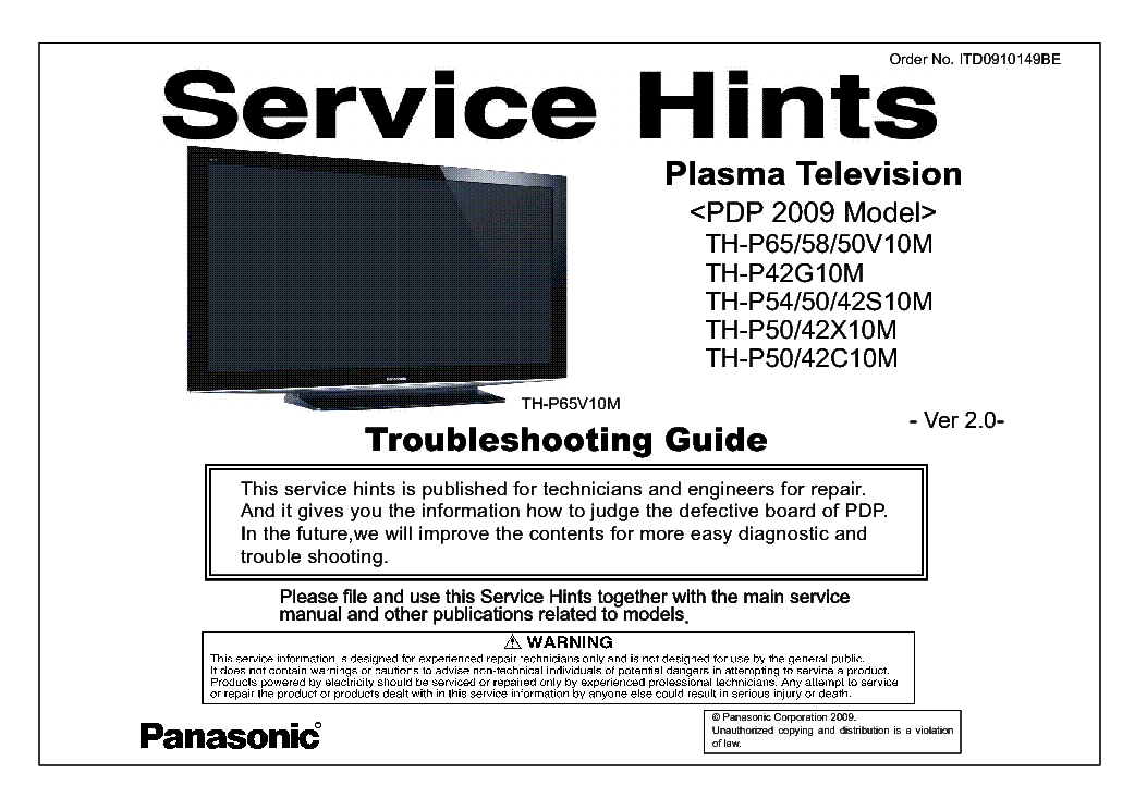 PANASONIC PDP 2009 TROUBLESHOOTING GUIDE TH-P65-58-50V10M P42G10M P54-50-42S10M P50-42X10M C10M service manual (1st page)