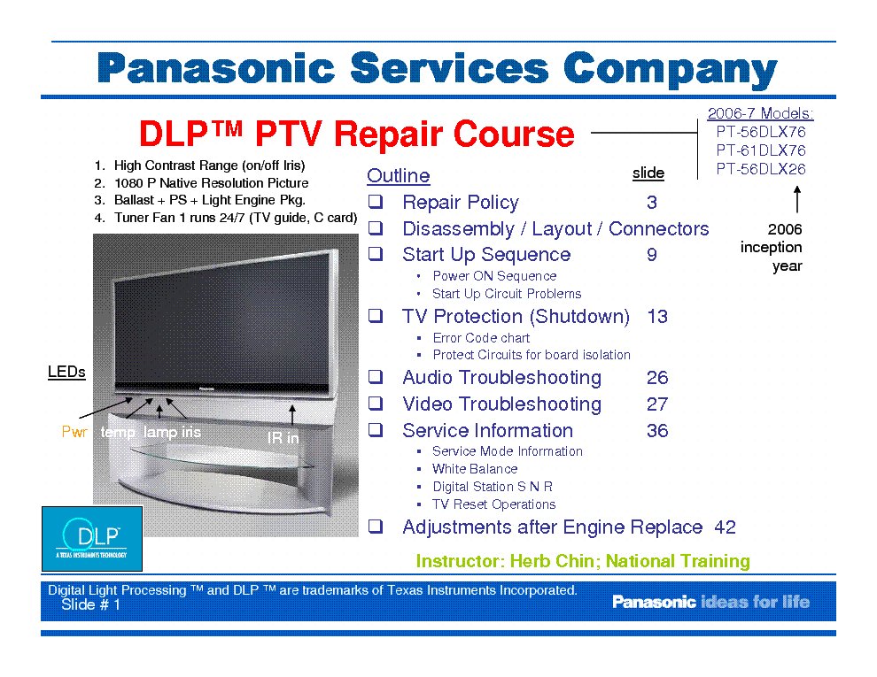 PANASONIC PT-56 61DLX76,26 DLP REPAIR COURSE service manual (1st page)