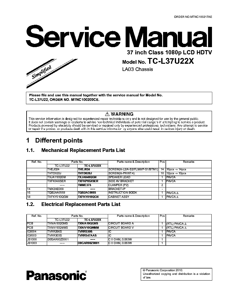 PANASONIC TC-L37U22X CHASSIS LA03 INFO service manual (1st page)