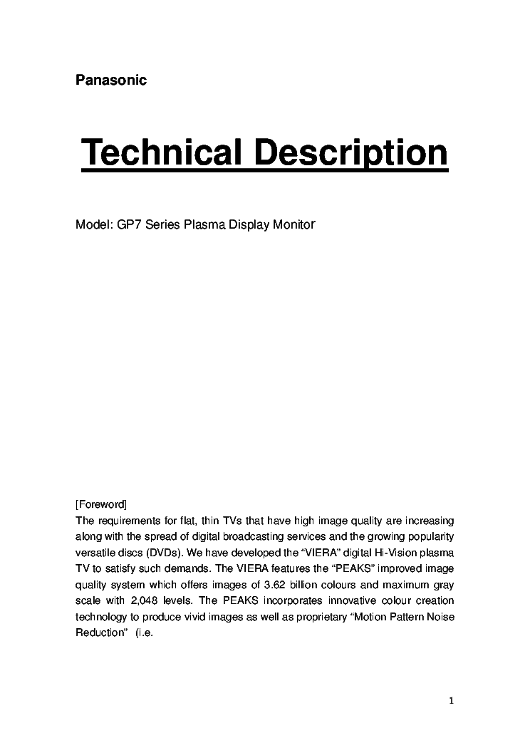 PANASONIC TH-42PW7 GP7 SERIES PDP TECHNICAL DESCRIPTION service manual (1st page)