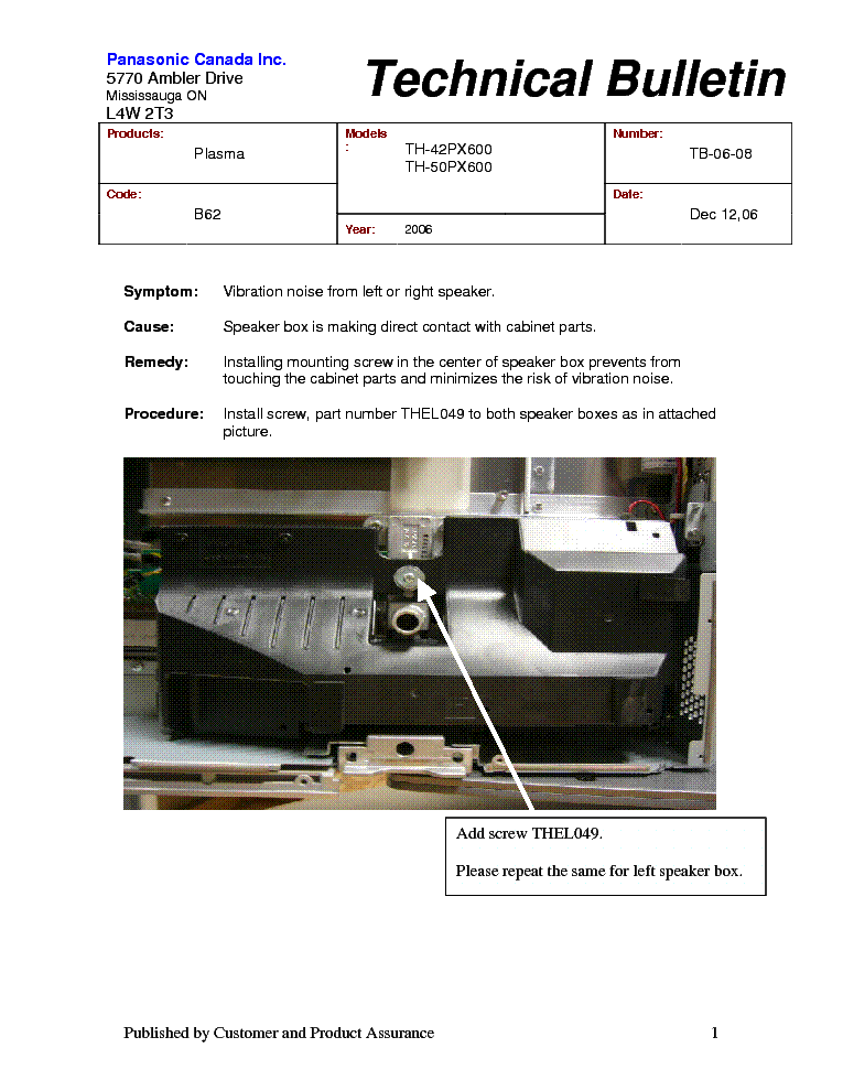 PANASONIC TH-42PX600-50PX600 SPEAKER BOX IS MAKING DIRECT CONTACT WITH CABINET PARTS TB-06-08 service manual (1st page)