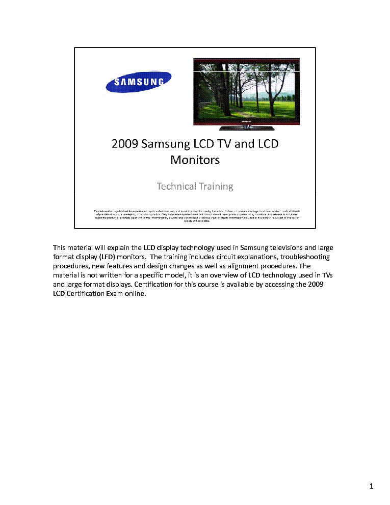 SAMSUNG 2009 LCD TV MONITOR TECHNICAL TRAINING service manual (1st page)