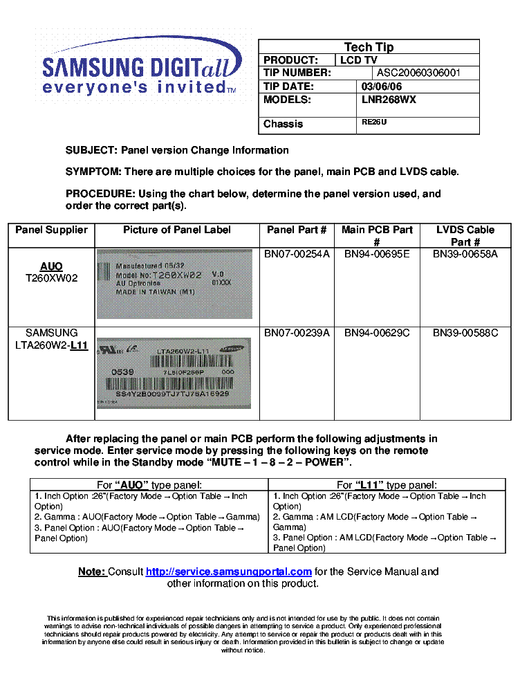 SAMSUNG ASC20060306001 LNR268WX BULLETIN service manual (1st page)