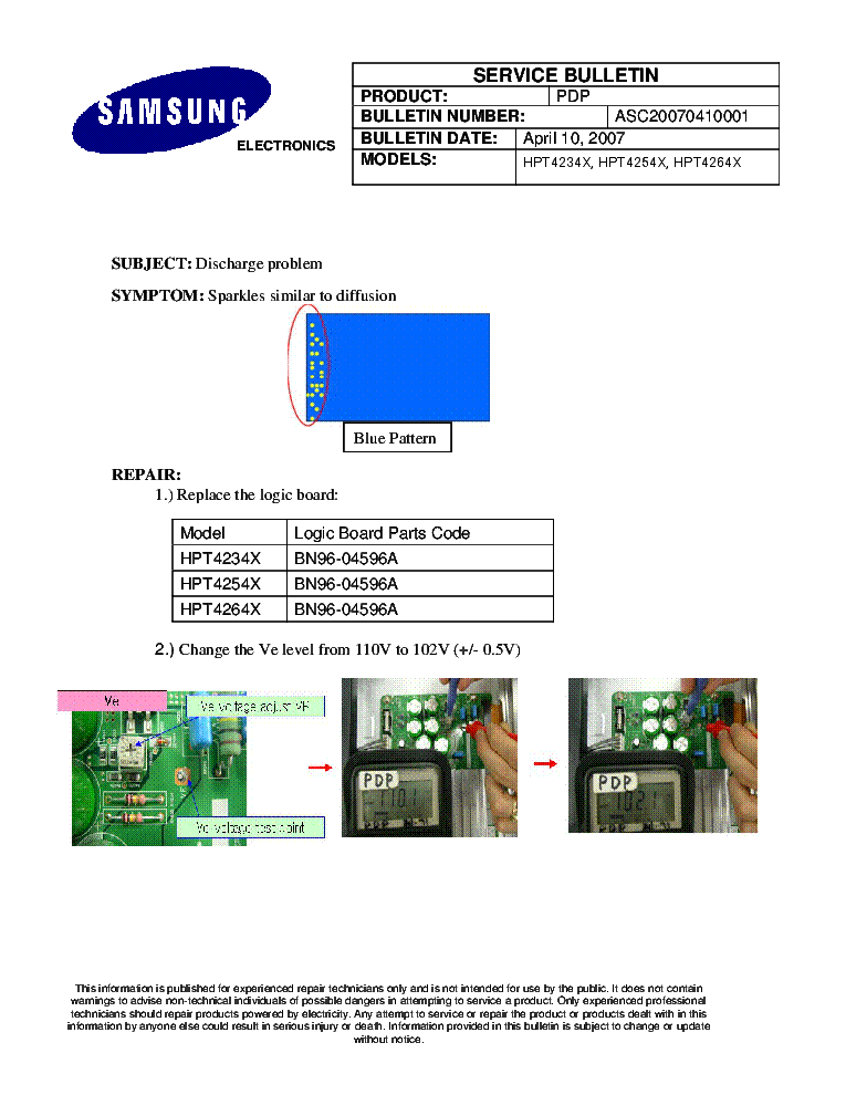 SAMSUNG ASC20070410001 HPT4234X HPT4254X HPT4264X BULLETIN service manual (1st page)