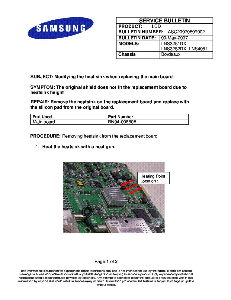 SAMSUNG ASC20070509002 LNS3251DX LNS3252DX LNS4051 BULLETIN service manual (1st page)