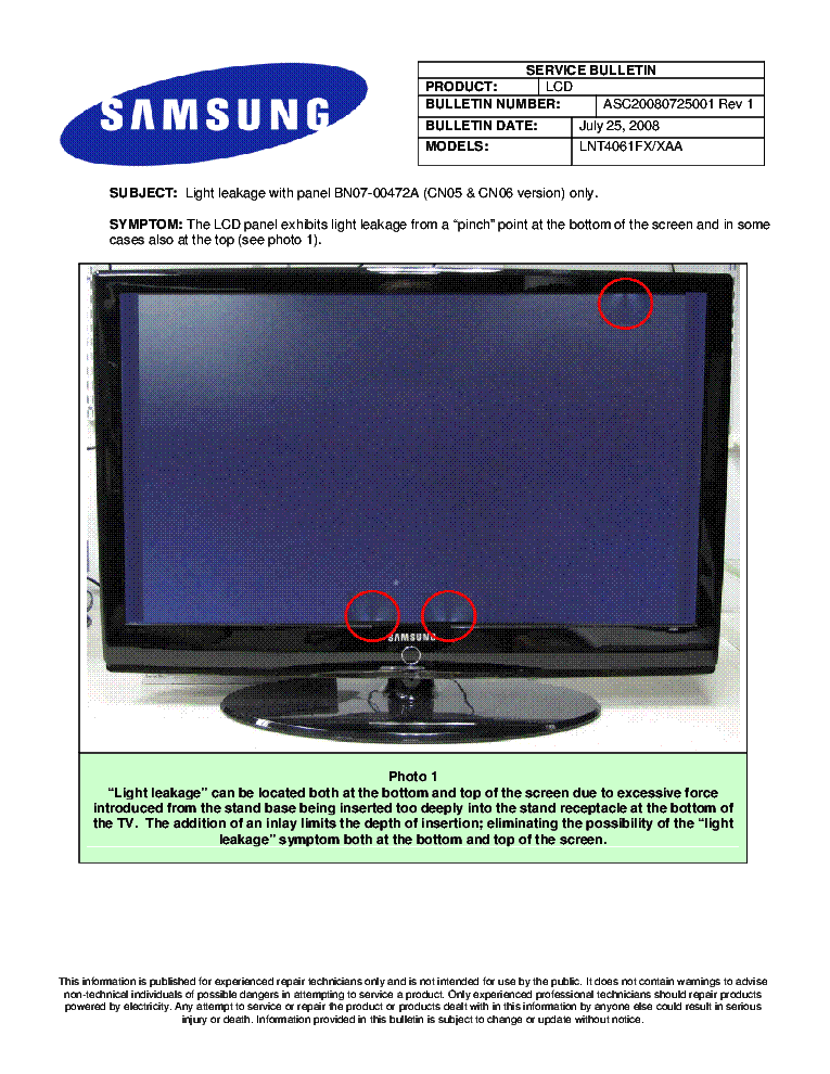 SAMSUNG ASC20080725001 LNT4061FXXAA REV.1 BULLETIN service manual (1st page)